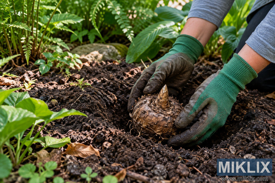 Green-gloved hands place a large brown corm with a pointed shoot into moist, dark garden soil surrounded by ferns and broad green leaves. Green-gloved hands place a large brown corm with a pointed shoot into moist, dark garden soil surrounded by ferns and broad green leaves.