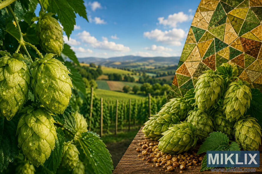 A landscape-oriented split composition featuring fresh Fantasia hop cones covered in dewdrops on the left, Mosaic-inspired hop cones against geometric earthy patterns on the right, and rolling hop fields beneath a bright blue sky in the background, illuminated by warm natural light with a shallow depth of field. A landscape-oriented split composition featuring fresh Fantasia hop cones covered in dewdrops on the left, Mosaic-inspired hop cones against geometric earthy patterns on the right, and rolling hop fields beneath a bright blue sky in the background, illuminated by warm natural light with a shallow depth of field.