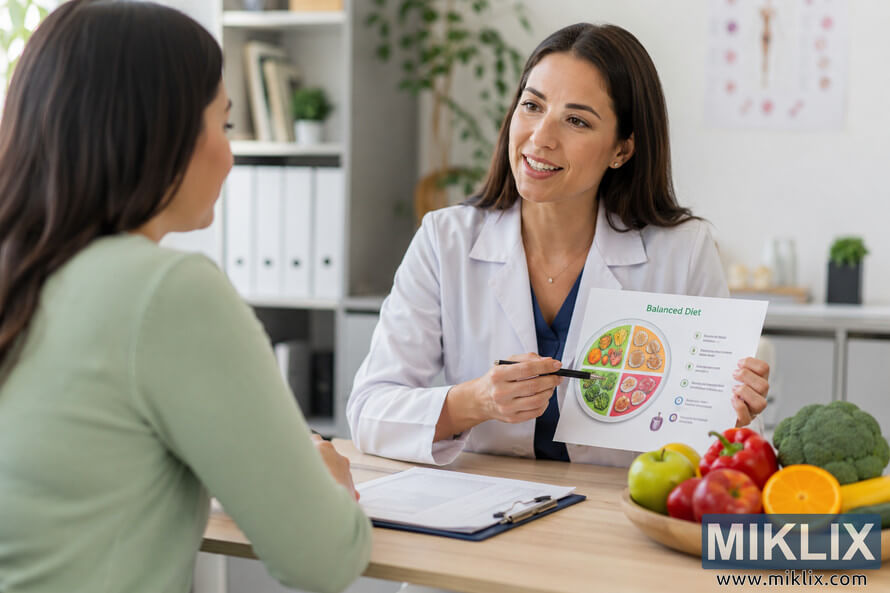 A healthcare professional consults with a patient in a bright, modern clinic, presenting a balanced nutrition chart while fresh fruits and vegetables sit on the desk, illustrating a discussion about healthy dietary choices.