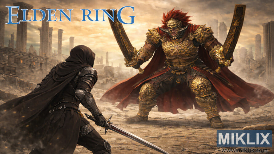 Fan art showing the Tarnished in Black Knife armor wielding a sword while confronting Promised Consort Radahn in the ruined city of Enir-Ilim in Elden Ring.
