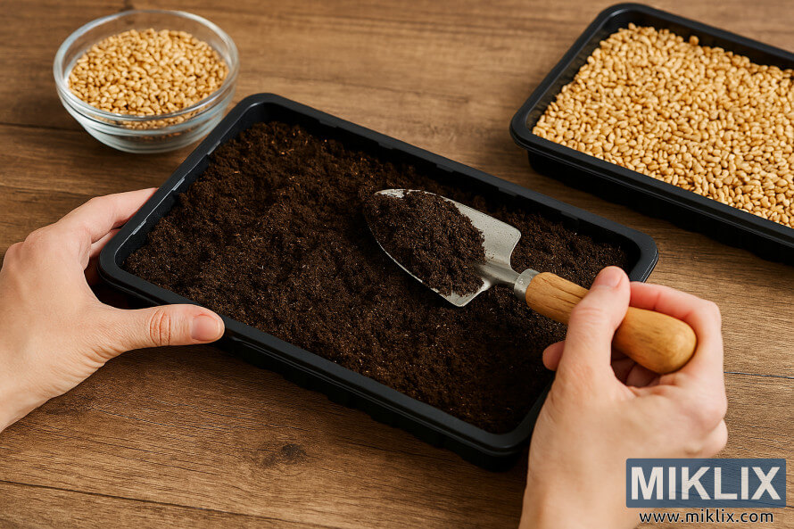 Hands filling a black tray with soil for wheatgrass on a wooden surface
