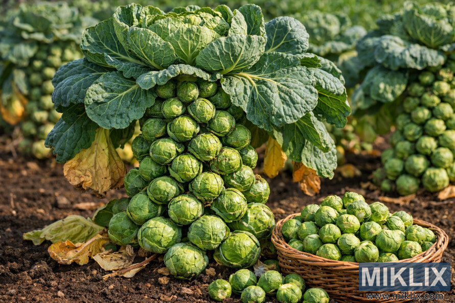 Long Island Verbeterde erfenis-spruitkoolplant met 'n dik steel, diggepakte groen spruite en 'n rietmandjie geoeste spruite in 'n sonverligte tuin.