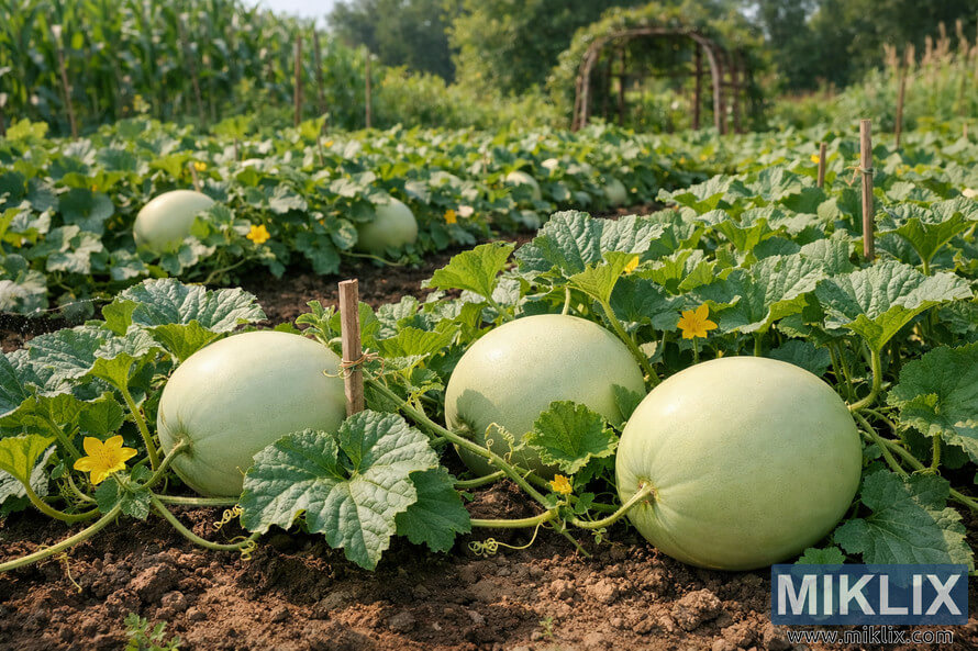 Honeydew melon plants growing in a home vegetable garden with ripe melons resting on soil and green vines spreading across rows under sunlight. Honeydew melon plants growing in a home vegetable garden with ripe melons resting on soil and green vines spreading across rows under sunlight.