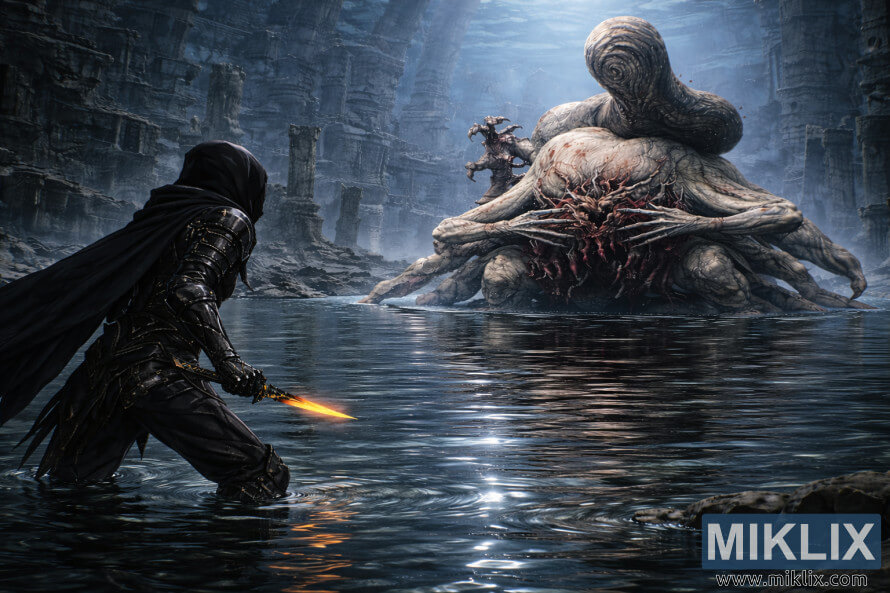 Anime-style fan art showing the Tarnished from behind, knee-deep in shallow water, facing the massive and close Metyr, Mother of Fingers, in the flooded Finger Ruins of Miyr.