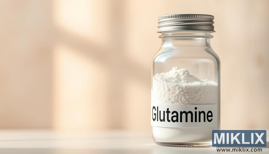 Primer plano de una botella de vidrio etiquetada como Glutamina llena de polvo cristalino con una iluminaciÃ³n suave.