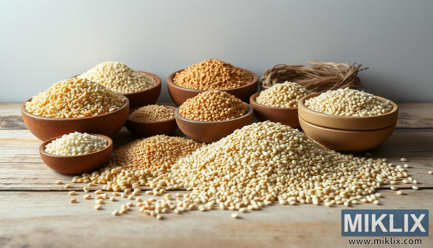 Sortiment bezlepkovÃ½ch obilovin, jako je hnÄdÃ¡ rÃ½Å¾e, quinoa a pohanka, v miskÃ¡ch na rustikÃ¡lnÃ­m povrchu.