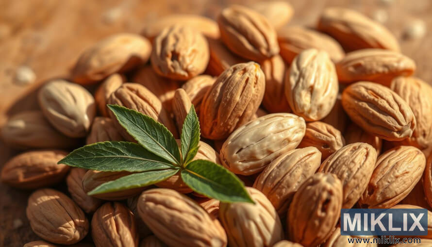 Primer plano de almendras sin cÃ¡scara con pulpa pÃ¡lida y hojas de almendro sobre un fondo cÃ¡lido.
