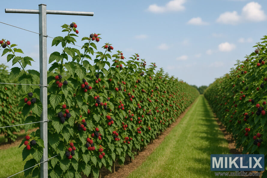 Des rangÃ©es de mÃ»riers dressÃ©s, soutenus par un systÃ¨me de treillis en T, portent des baies mÃ»res et vertes sous un ciel d'un bleu Ã©clatant.