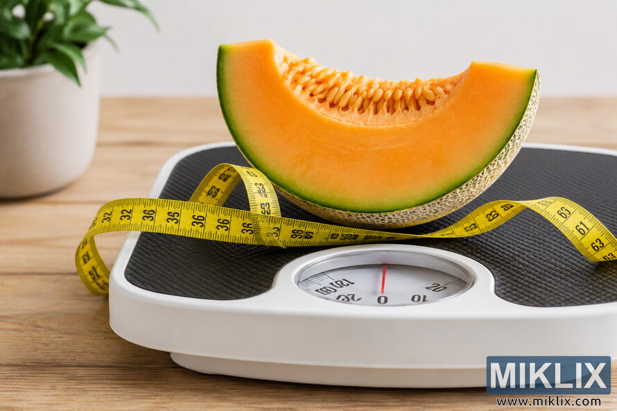 Fresh cantaloupe slice resting on a bathroom scale with a yellow measuring tape wrapped around it, symbolizing healthy eating, weight management, and balanced wellness. Fresh cantaloupe slice resting on a bathroom scale with a yellow measuring tape wrapped around it, symbolizing healthy eating, weight management, and balanced wellness.