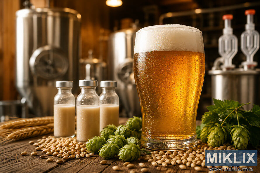 Close-up of a golden beer with frothy head, hops, barley, and yeast vials on a rustic wooden table in a warmly lit brewery. Close-up of a golden beer with frothy head, hops, barley, and yeast vials on a rustic wooden table in a warmly lit brewery.