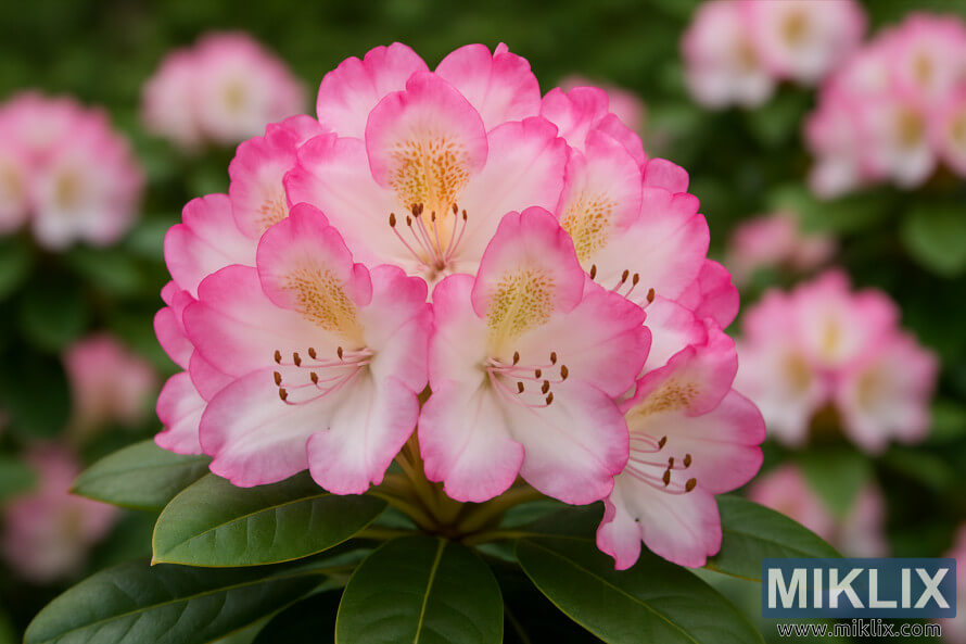 Gros plan du rhododendron de Ken Janeck avec des pÃ©tales roses qui sâestompent en centres blancs.