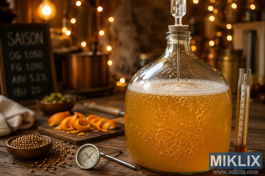 Close-up of a glass carboy fermenting Belgian Saison beer on a rustic wooden table with brewing tools, coriander, orange peel, warm fairy lights, and soft steam in the background. Close-up of a glass carboy fermenting Belgian Saison beer on a rustic wooden table with brewing tools, coriander, orange peel, warm fairy lights, and soft steam in the background.
