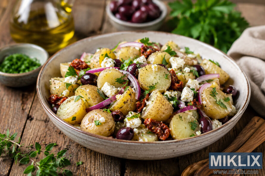 A rustic ceramic bowl filled with Mediterranean potato salad featuring baby potatoes, olives, red onion, sun-dried tomatoes, crumbled white cheese, and fresh herbs, beautifully arranged on a weathered wooden table with olive oil, herbs, and kitchen accessories in the softly blurred background. A rustic ceramic bowl filled with Mediterranean potato salad featuring baby potatoes, olives, red onion, sun-dried tomatoes, crumbled white cheese, and fresh herbs, beautifully arranged on a weathered wooden table with olive oil, herbs, and kitchen accessories in the softly blurred background.