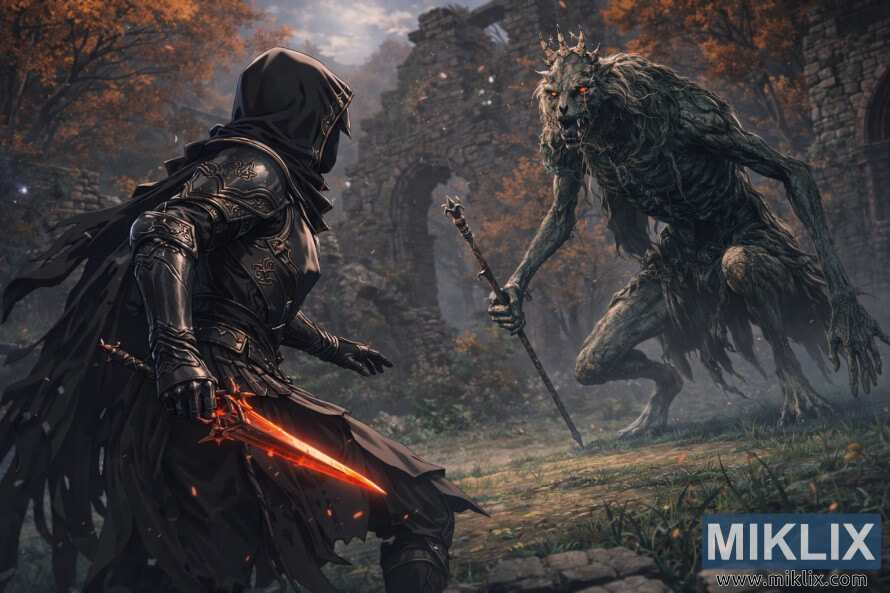 FanÃºÅ¡ikovskÃ© umenie v Å¡tÃ½le anime, ktorÃ© zobrazuje poÅ¡kvrnenÃ©ho bojovnÃ­ka v brnenÃ­ Äierneho noÅ¾a Äeliacej KrÃ¡Ä¾ovnej poloÄ¾udÃ­ v ruinÃ¡ch starobylÃ©ho lesa tesne pred bitkou.