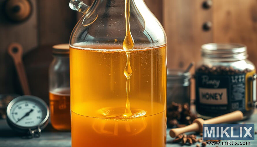 Glasdamjeanne med honungsinfunderad Ã¶l med droppande honung i, omgiven av bryggverktyg och kryddor.