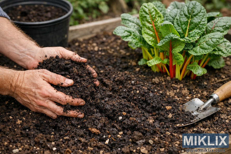 Hands mixing dark compost into garden soil in a raised bed with young Swiss chard plants and a small trowel nearby.
