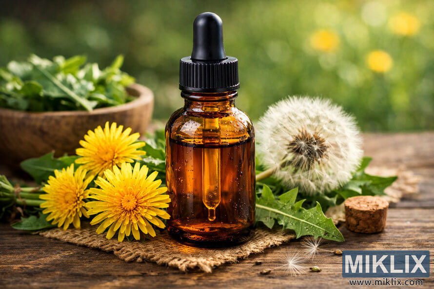 Amber glass dropper bottle of dandelion tincture surrounded by fresh dandelion flowers, leaves, and seed head on a rustic wooden surface. Amber glass dropper bottle of dandelion tincture surrounded by fresh dandelion flowers, leaves, and seed head on a rustic wooden surface.
