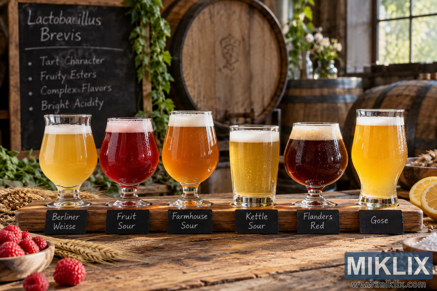 Six sour beers in tasting glasses labeled Berliner Weisse, Fruit Sour, Farmhouse Sour, Kettle Sour, Flanders Red, and Gose in a rustic brewery.