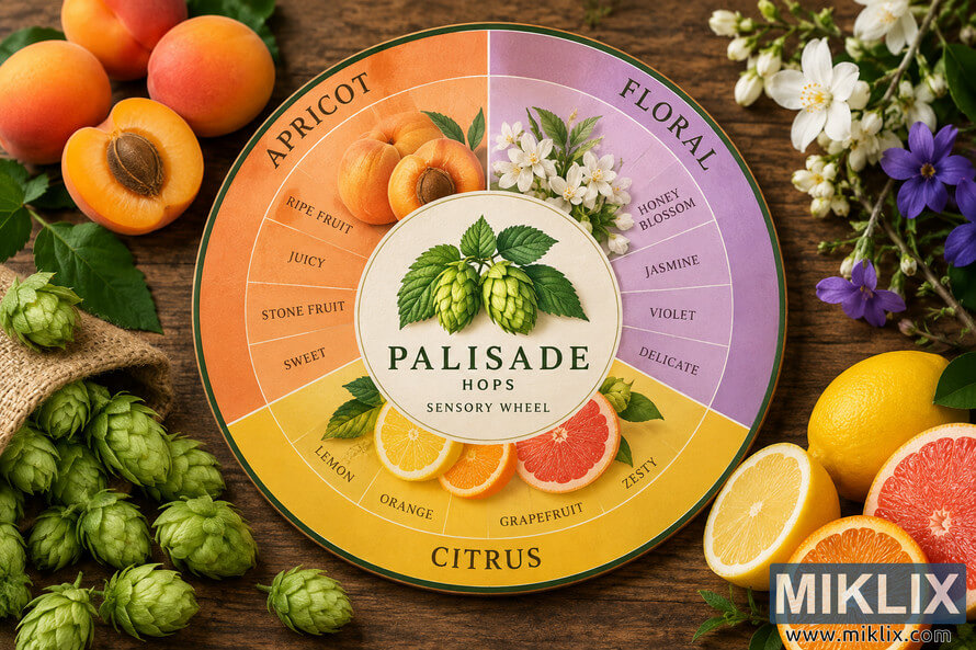 Palisade hops sensory wheel on a rustic wooden table, surrounded by green hop cones, apricots, white and violet flowers, lemons, oranges and grapefruit, illustrating apricot, floral and citrus aroma notes. Palisade hops sensory wheel on a rustic wooden table, surrounded by green hop cones, apricots, white and violet flowers, lemons, oranges and grapefruit, illustrating apricot, floral and citrus aroma notes.