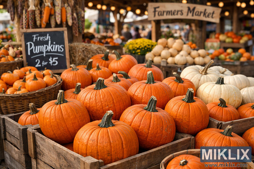 A vibrant outdoor farmers market display featuring fresh orange and white pumpkins arranged in rustic wooden crates and baskets under warm daylight.