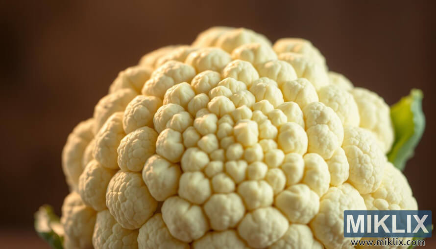 Close-up de uma cabeÃ§a de couve-flor fresca com flores brancas compactas em luz natural suave.