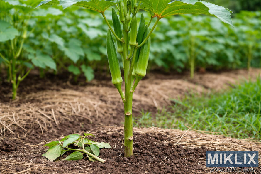 Close-up of a pruned okra plant with its lower leaves removed, growing in mulched soil among other okra plants in a garden.