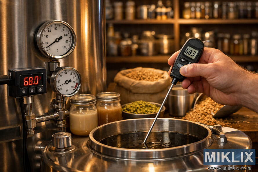 Hand measuring temperature inside stainless steel fermentation vessel surrounded by malt, hops, and brewing equipment in a warmly lit brewery. Hand measuring temperature inside stainless steel fermentation vessel surrounded by malt, hops, and brewing equipment in a warmly lit brewery.