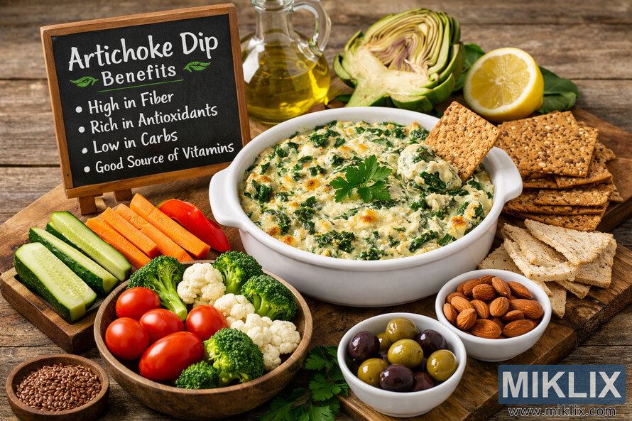 Landscape photo of a healthy spinach and artichoke dip in a white ceramic dish on a rustic wooden table, surrounded by fresh vegetable sticks, whole grain crackers, multigrain pita slices, almonds, mixed olives, flaxseeds, and a chalkboard sign reading "Artichoke Dip Benefits" with notes about fiber, antioxidants, low carbs, and vitamins. Landscape photo of a healthy spinach and artichoke dip in a white ceramic dish on a rustic wooden table, surrounded by fresh vegetable sticks, whole grain crackers, multigrain pita slices, almonds, mixed olives, flaxseeds, and a chalkboard sign reading "Artichoke Dip Benefits" with notes about fiber, antioxidants, low carbs, and vitamins.