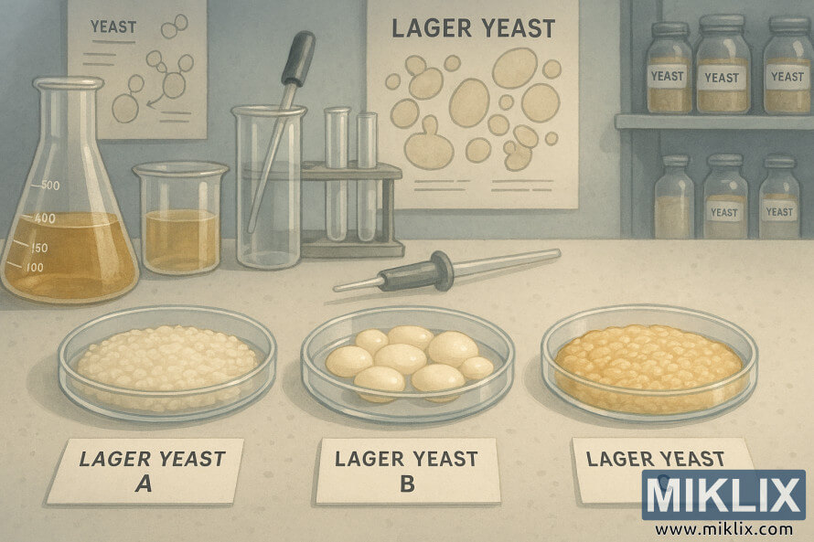 Laboratory scene showing three petri dishes with different lager yeast strains, brewing equipment, and fermentation posters Laboratory scene showing three petri dishes with different lager yeast strains, brewing equipment, and fermentation posters