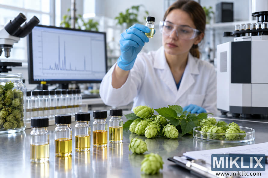 Laboratory researcher in safety glasses and blue gloves examining a glass vial of pale golden hop essential oil, with additional oil samples, fresh green hop cones, analytical equipment, a microscope, and a chromatogram display on a stainless-steel laboratory bench. Laboratory researcher in safety glasses and blue gloves examining a glass vial of pale golden hop essential oil, with additional oil samples, fresh green hop cones, analytical equipment, a microscope, and a chromatogram display on a stainless-steel laboratory bench.