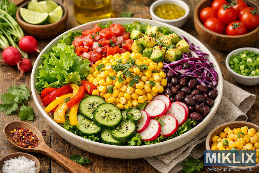 High-resolution landscape photo of a colorful corn salad bowl filled with fresh vegetables, arranged on a rustic wooden table with surrounding ingredients and utensils. High-resolution landscape photo of a colorful corn salad bowl filled with fresh vegetables, arranged on a rustic wooden table with surrounding ingredients and utensils.
