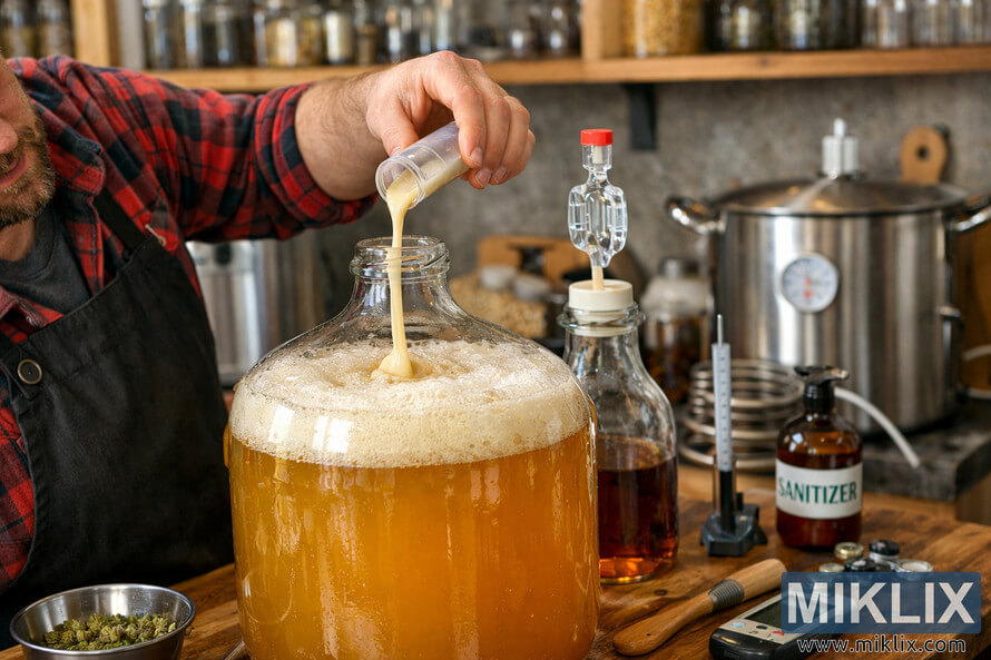 Homebrewer pouring liquid yeast into a glass fermentation vessel filled with hazy American Hefeweizen ale in a traditional homebrewing setup. Homebrewer pouring liquid yeast into a glass fermentation vessel filled with hazy American Hefeweizen ale in a traditional homebrewing setup.