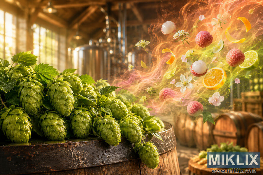 Fresh green hop cones covered in morning dew rest on a rustic wooden barrel inside a warm sunlit brewery while colorful pastel swirls filled with lychee, citrus, and delicate flowers artistically visualize the fruity, floral, and herbal sensory profile of Fantasia hops. Fresh green hop cones covered in morning dew rest on a rustic wooden barrel inside a warm sunlit brewery while colorful pastel swirls filled with lychee, citrus, and delicate flowers artistically visualize the fruity, floral, and herbal sensory profile of Fantasia hops.
