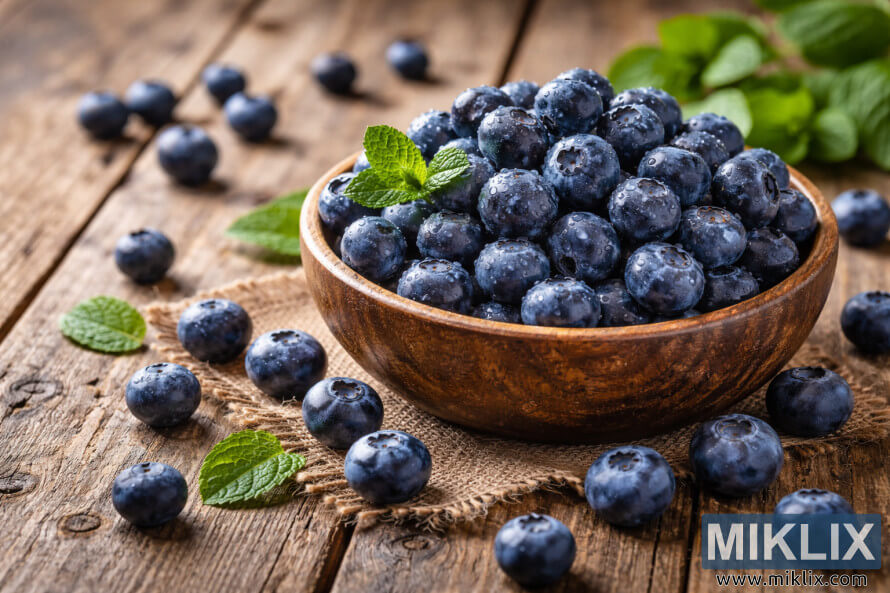 SveÅ¾e borovnice, raztresene po rustikalni leseni mizi v mehki naravni svetlobi okna.