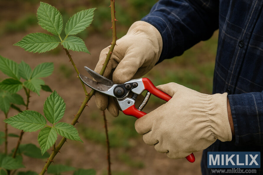 Un jardinier portant des gants taille une ronce avec un sÃ©cateur Ã  manche rouge dans un jardin.