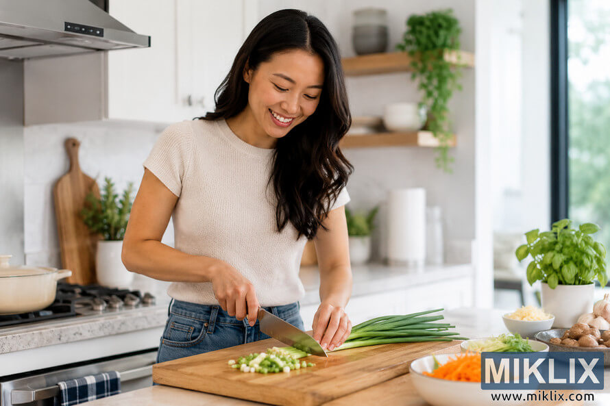 A smiling person chopping fresh scallions on a wooden cutting board in a bright modern kitchen with natural daylight, white cabinetry, indoor plants, and neatly prepared vegetables on the countertop.