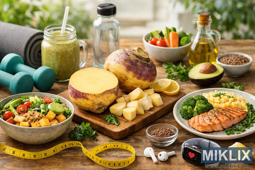 A bright, high-resolution landscape photo showing rutabagas, healthy meals, and fitness items on a wooden table in a sunlit kitchen. A bright, high-resolution landscape photo showing rutabagas, healthy meals, and fitness items on a wooden table in a sunlit kitchen.