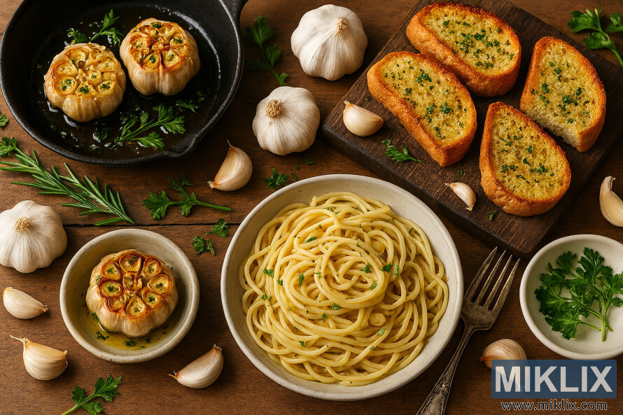 Photo de paysage montrant de lâail rÃ´ti dans une poÃªle, du pain Ã  lâail sur une planche Ã  dÃ©couper, et des spaghettis Ã  la sauce Ã  lâail avec des herbes sur une table rustique en bois.
