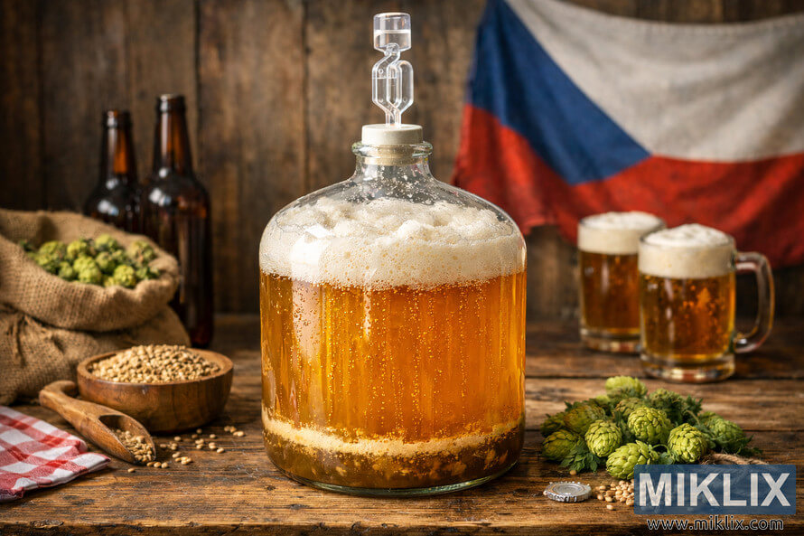 High-resolution landscape photo of Czech style lager fermenting in a glass carboy with a proper airlock, set on a rustic wooden table with hops, barley, and beer mugs. High-resolution landscape photo of Czech style lager fermenting in a glass carboy with a proper airlock, set on a rustic wooden table with hops, barley, and beer mugs.