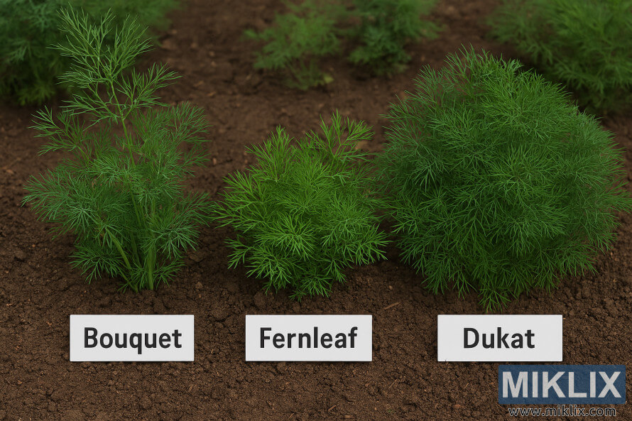 Bouquet, Fernleaf et Dukat variÃ©tÃ©s dâaneth poussant cÃ´te Ã  cÃ´te dans un parterre de jardin avec des marqueurs marquÃ©s