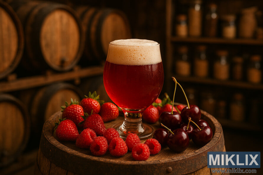 A rustic brewery scene with a barrel of sour beer surrounded by strawberries, raspberries, and cherries. A rustic brewery scene with a barrel of sour beer surrounded by strawberries, raspberries, and cherries.