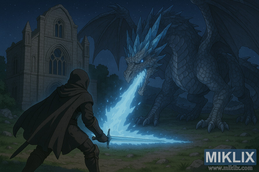 Isang fan art na istilong anime na nagpapakita ng Tarnished in Black Knife armor na nakikita mula sa likuran, na nakaharap sa Glintstone Dragon na si Adula habang naglalabas ito ng mahika ng asul na glintstone malapit sa Katedral ng Manus Celes.