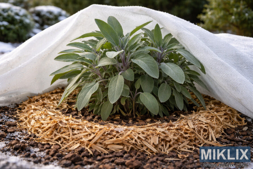 La sauge est recouverte dâun tissu anti-givre et entourÃ©e de paillis de paille pour la protection hivernale dans un jardin.