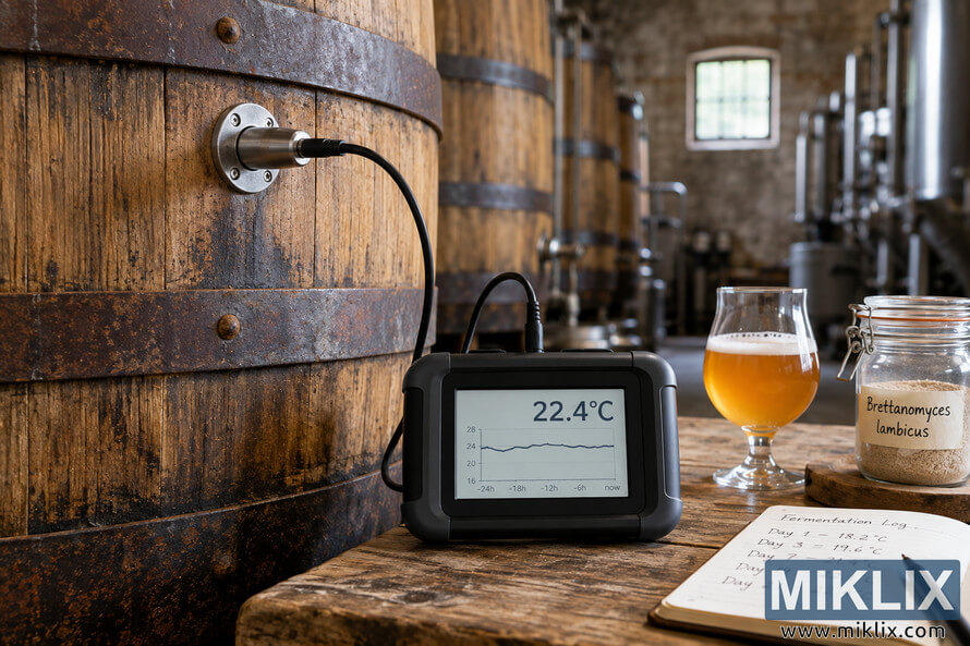 Temperature probe in a wooden fermentation barrel connected to a digital monitor reading 22.4°C, beside beer and Brettanomyces lambicus. Temperature probe in a wooden fermentation barrel connected to a digital monitor reading 22.4°C, beside beer and Brettanomyces lambicus.
