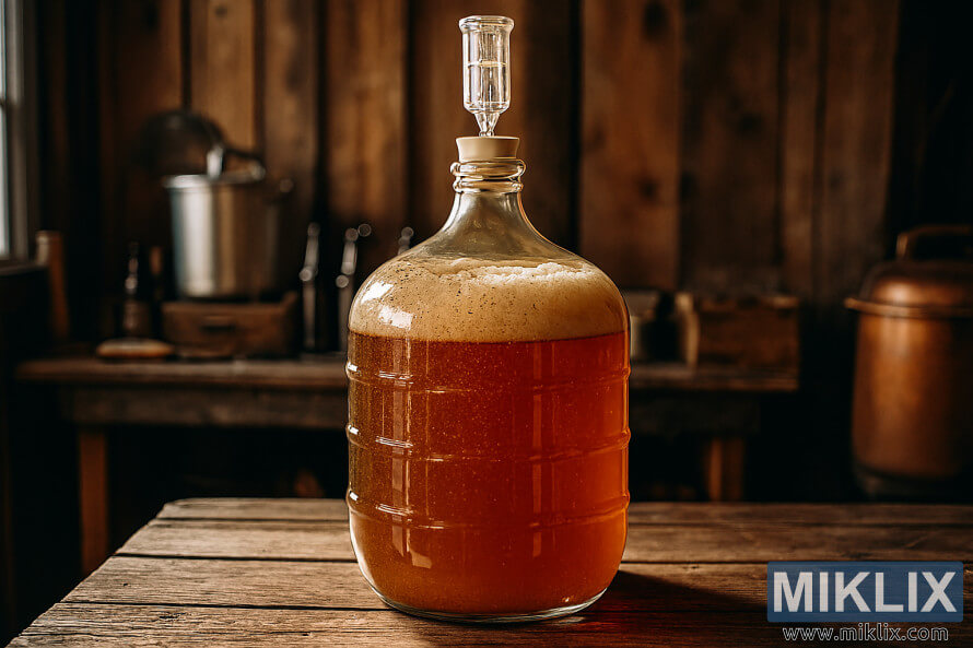 Lasinen olutpullo käymässä meripihka-olutta puupöydällä maalaismaisessa kotiolutpanimossa Lasinen olutpullo käymässä meripihka-olutta puupöydällä maalaismaisessa kotiolutpanimossa