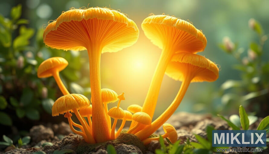 Ciuperci cordyceps aurii strÄlucind cu beneficii pentru sÄnÄtate Ã®ntr-un cadru natural senin.