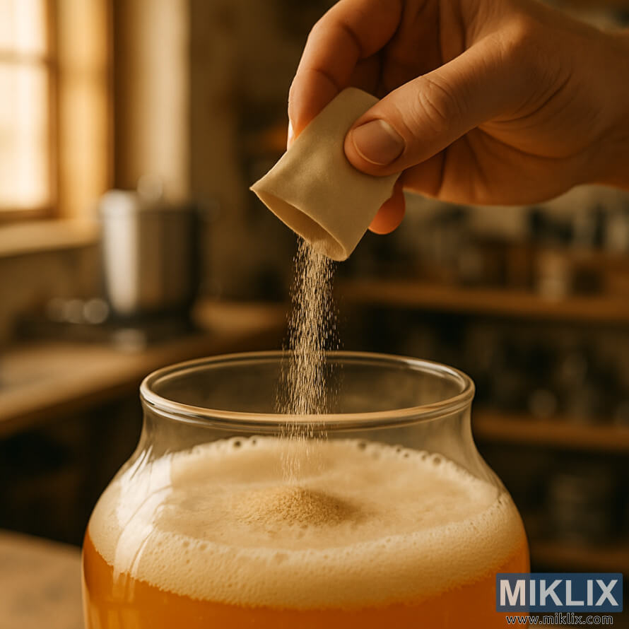 DetailnÃ½ zÃ¡ber na pivovarnÃ­ka, ktorÃ½ nalieva suchÃ© kvasnice z vrecka do sklenenej nÃ¡doby so zlatistou mladinou.