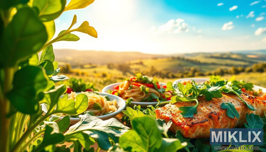 Taze roka yaprakları, roka yemekleri ve altın ıÅık altında yemyeÅil bir manzaranın illüstrasyonu. Taze roka yaprakları, roka yemekleri ve altın ıÅık altında yemyeÅil bir manzaranın illüstrasyonu.
