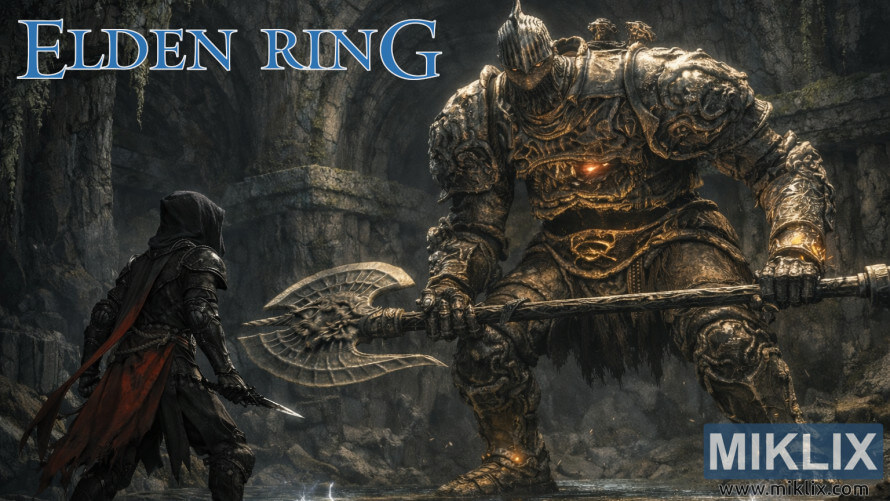 Dark armored player character confronting a massive glowing stone Guardian Golem inside a cavern in Elden Ring fan art.