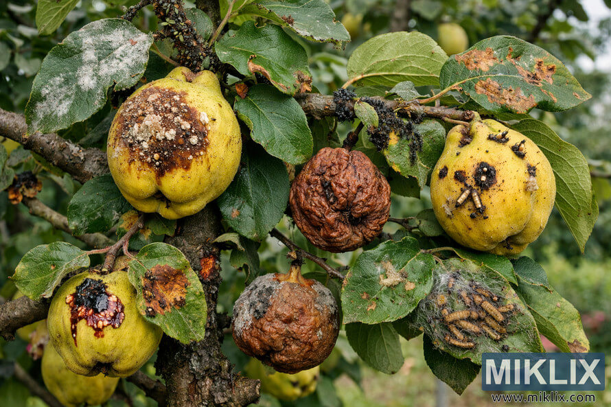 Close-up of quince fruits and leaves showing rot, fungal growth, insect larvae, aphids, and leaf damage on a diseased tree branch.